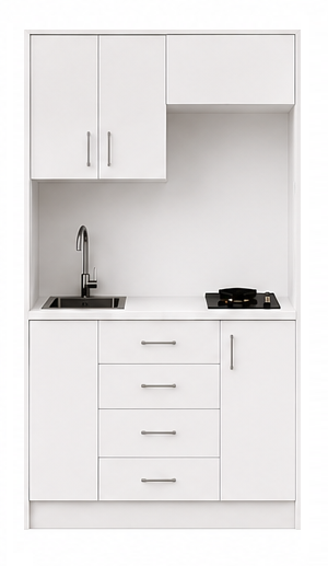 Intrahome Studio105Smart04 Πολυκουζινάκι 102cm, ύψος 220cm, βάθος 50cm, λευκή μελαμίνη 16mm, πάγκος 32mm, μικρή inox γούρνα αριστερά, εστία 2 ματιών δεξιά, σχέδιο Smart. Intrahome-polikou87644536