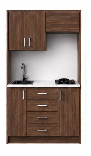 Intrahome Studio105Storage02 Πολυκουζινάκι 92cm, ύψος 220cm, βάθος 50cm, καρυδι μοριοσανίδα 16mm, πάγκος 32mm, μικρή inox γούρνα αριστερά, εστία 2 ματιών δεξιά, σχέδιο Storage. Intrahome-polikou2287644326