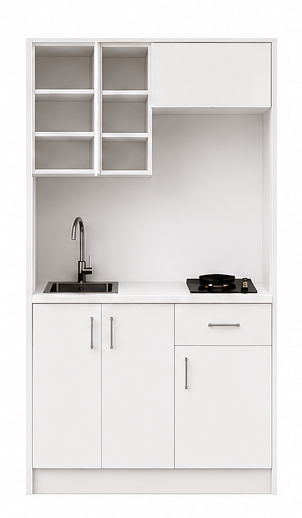 Intrahome Studio105Storage02 Πολυκουζινάκι 102cm, ύψος 220cm, βάθος 50cm, λευκή μελαμίνη 16mm, πάγκος 32mm, μικρή inox γούρνα αριστερά, εστία 2 ματιών δεξιά, σχέδιο Storage. Intrahome-polikou87644376