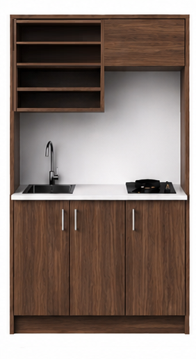 Intrahome Studio105Style13 Πολυκουζινάκι 91cm, ύψος 205cm, βάθος 50cm, καρυδι μοριοσανίδα 16mm, πάγκος 32mm, μικρή inox γούρνα αριστερά, εστία 2 ματιών δεξιά, σχέδιο Style. Intrahome-polikou2287645198