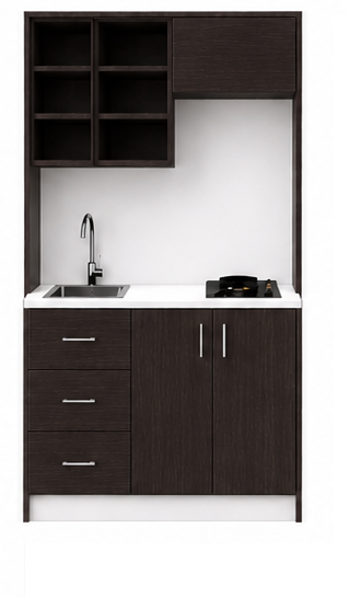 Intrahome Studio105Style13 Πολυκουζινάκι 90cm, ύψος 220cm, βάθος 50cm, wenge μοριοσανίδα 16mm, πάγκος 32mm, μικρή inox γούρνα αριστερά, εστία 2 ματιών δεξιά, σχέδιο Style. Intrahome-polikou3387645196