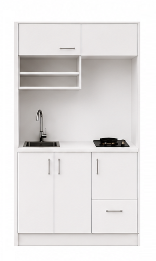 Intrahome Studio105Style13 Πολυκουζινάκι 102cm, ύψος 220cm, βάθος 50cm, λευκή μελαμίνη 16mm, πάγκος 32mm, μικρή inox γούρνα αριστερά, εστία 2 ματιών δεξιά, σχέδιο Style. Intrahome-polikou87645256