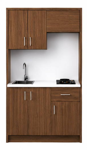 Intrahome Studio120Airbnb07 Πολυκουζινάκι 111cm, ύψος 205cm, βάθος 50cm, καρυδι μοριοσανίδα 16mm, πάγκος 32mm, μικρή inox γούρνα αριστερά, εστία 2 ματιών δεξιά, σχέδιο Airbnb. Intrahome-polikou2287645748