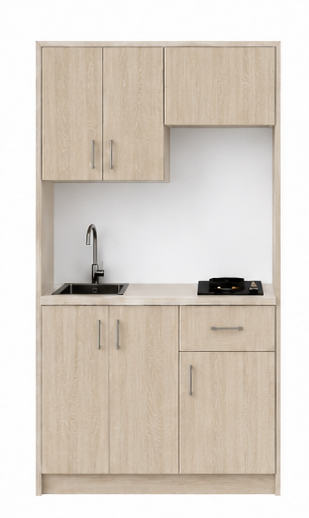 Intrahome Studio120Airbnb07 Πολυκουζινάκι 120cm, ύψος 220cm, βάθος 50cm, sonoma - δρυς μοριοσανίδα 16mm, πάγκος 32mm, μικρή inox γούρνα αριστερά, εστία 2 ματιών δεξιά, σχέδιο Airbnb. Intrahome-polikou6587645796