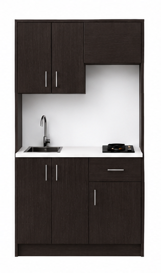 Intrahome Studio120Airbnb07 Πολυκουζινάκι 111cm, ύψος 205cm, βάθος 50cm, wenge μοριοσανίδα 16mm, πάγκος 32mm, μικρή inox γούρνα αριστερά, εστία 2 ματιών δεξιά, σχέδιο Airbnb. Intrahome-polikou3387645748