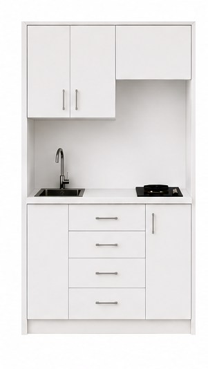 Intrahome Studio120Airbnb07 Πολυκουζινάκι 120cm, ύψος 220cm, βάθος 50cm, λευκή μελαμίνη 16mm, πάγκος 32mm, μικρή inox γούρνα αριστερά, εστία 2 ματιών δεξιά, σχέδιο Airbnb. Intrahome-polikou87645796