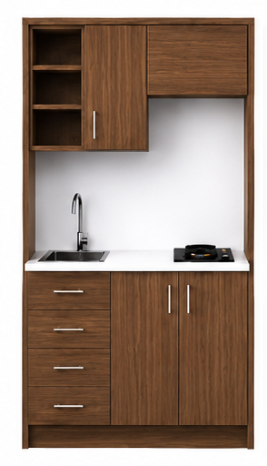 Intrahome Studio120Classic01 Πολυκουζινάκι 120cm, ύψος 220cm, βάθος 50cm, καρυδι μοριοσανίδα 16mm, πάγκος 32mm, μικρή inox γούρνα αριστερά, εστία 2 ματιών δεξιά, σχέδιο Classic. Intrahome-polikou2287645346