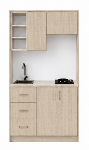 Intrahome Studio120Classic01 Πολυκουζινάκι 120cm, ύψος 220cm, βάθος 50cm, sonoma - δρυς μοριοσανίδα 16mm, πάγκος 32mm, μικρή inox γούρνα αριστερά, εστία 2 ματιών δεξιά, σχέδιο Classic. Intrahome-polikou6587645346