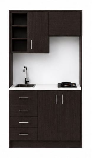 Intrahome Studio120Classic01 Πολυκουζινάκι 111cm, ύψος 205cm, βάθος 50cm, wenge μοριοσανίδα 16mm, πάγκος 32mm, μικρή inox γούρνα αριστερά, εστία 2 ματιών δεξιά, σχέδιο Classic. Intrahome-polikou3387645298