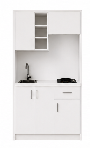 Intrahome Studio120Classic01 Πολυκουζινάκι 120cm, ύψος 220cm, βάθος 50cm, λευκή μελαμίνη 16mm, πάγκος 32mm, μικρή inox γούρνα αριστερά, εστία 2 ματιών δεξιά, σχέδιο Classic. Intrahome-polikou87645346