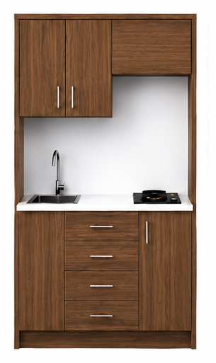 Intrahome Studio120Compact05 Πολυκουζινάκι 106cm, ύψος 220cm, βάθος 50cm, καρυδι μοριοσανίδα 16mm, πάγκος 32mm, μικρή inox γούρνα αριστερά, εστία 2 ματιών δεξιά, σχέδιο Compact. Intrahome-polikou2287645576