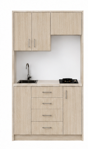 Intrahome Studio120Compact05 Πολυκουζινάκι 107cm, ύψος 215cm, βάθος 50cm, sonoma - δρυς μοριοσανίδα 16mm, πάγκος 32mm, μικρή inox γούρνα αριστερά, εστία 2 ματιών δεξιά, σχέδιο Compact. Intrahome-polikou6587645580