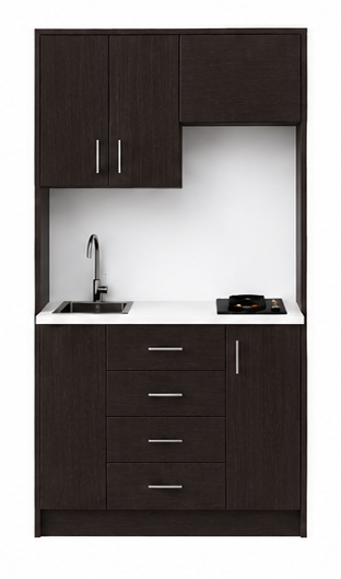 Intrahome Studio120Compact05 Πολυκουζινάκι 111cm, ύψος 205cm, βάθος 50cm, wenge μοριοσανίδα 16mm, πάγκος 32mm, μικρή inox γούρνα αριστερά, εστία 2 ματιών δεξιά, σχέδιο Compact. Intrahome-polikou3387645598