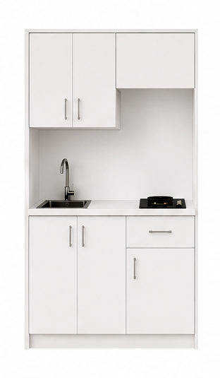 Intrahome Studio120Compact05 Πολυκουζινάκι 120cm, ύψος 220cm, βάθος 50cm, λευκή μελαμίνη 16mm, πάγκος 32mm, μικρή inox γούρνα αριστερά, εστία 2 ματιών δεξιά, σχέδιο Compact. Intrahome-polikou87645646