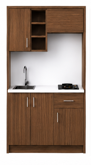 Intrahome Studio120Drawer03 Πολυκουζινάκι 106cm, ύψος 220cm, βάθος 50cm, καρυδι μοριοσανίδα 16mm, πάγκος 32mm, μικρή inox γούρνα αριστερά, εστία 2 ματιών δεξιά, σχέδιο Drawer. Intrahome-polikou2287645426