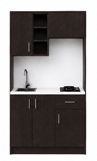 Intrahome Studio120Drawer03 Πολυκουζινάκι 111cm, ύψος 205cm, βάθος 50cm, wenge μοριοσανίδα 16mm, πάγκος 32mm, μικρή inox γούρνα αριστερά, εστία 2 ματιών δεξιά, σχέδιο Drawer. Intrahome-polikou3387645448