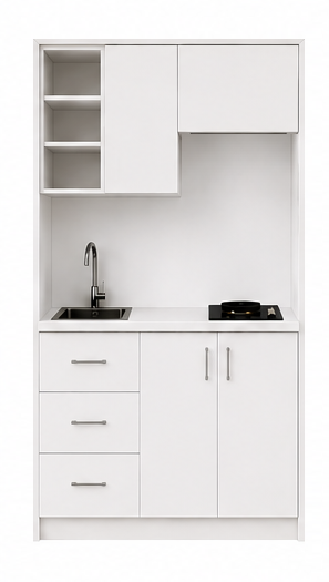 Intrahome Studio120Drawer03 Πολυκουζινάκι 120cm, ύψος 220cm, βάθος 50cm, λευκή μελαμίνη 16mm, πάγκος 32mm, μικρή inox γούρνα αριστερά, εστία 2 ματιών δεξιά, σχέδιο Drawer. Intrahome-polikou87645496