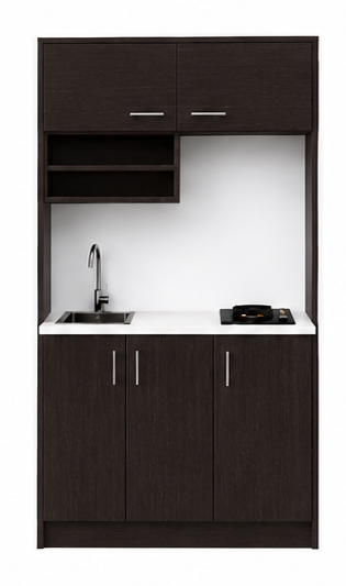 Intrahome Studio120Elite11 Πολυκουζινάκι 109cm, ύψος 220cm, βάθος 50cm, wenge μοριοσανίδα 16mm, πάγκος 32mm, μικρή inox γούρνα αριστερά, εστία 2 ματιών δεξιά, σχέδιο Elite. Intrahome-polikou3387646041