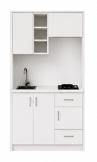 Intrahome Studio120Elite11 Πολυκουζινάκι 120cm, ύψος 220cm, βάθος 50cm, λευκή μελαμίνη 16mm, πάγκος 32mm, μικρή inox γούρνα αριστερά, εστία 2 ματιών δεξιά, σχέδιο Elite. Intrahome-polikou87646096