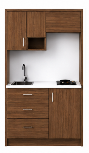 Intrahome Studio120Flex10 Πολυκουζινάκι 111cm, ύψος 205cm, βάθος 50cm, καρυδι μοριοσανίδα 16mm, πάγκος 32mm, μικρή inox γούρνα αριστερά, εστία 2 ματιών δεξιά, σχέδιο Flex. Intrahome-polikou2287645973
