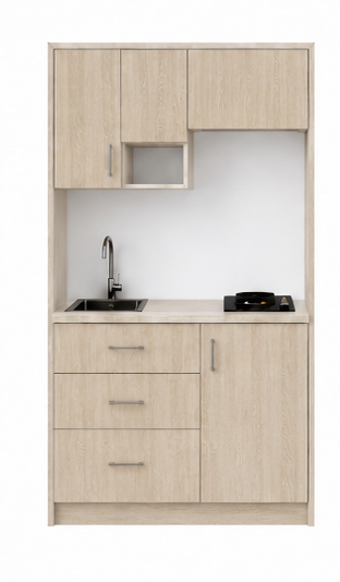 Intrahome Studio120Flex10 Πολυκουζινάκι 120cm, ύψος 220cm, βάθος 50cm, sonoma - δρυς μοριοσανίδα 16mm, πάγκος 32mm, μικρή inox γούρνα αριστερά, εστία 2 ματιών δεξιά, σχέδιο Flex. Intrahome-polikou6587646021