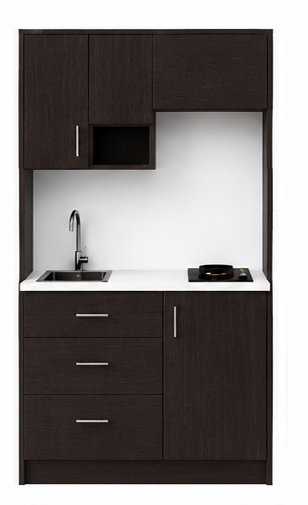 Intrahome Studio120Flex10 Πολυκουζινάκι 109cm, ύψος 220cm, βάθος 50cm, wenge μοριοσανίδα 16mm, πάγκος 32mm, μικρή inox γούρνα αριστερά, εστία 2 ματιών δεξιά, σχέδιο Flex. Intrahome-polikou3387645966