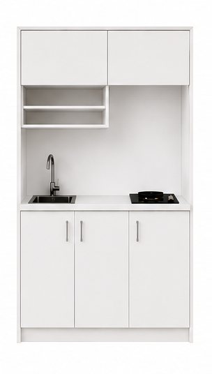 Intrahome Studio120Flex10 Πολυκουζινάκι 120cm, ύψος 220cm, βάθος 50cm, λευκή μελαμίνη 16mm, πάγκος 32mm, μικρή inox γούρνα αριστερά, εστία 2 ματιών δεξιά, σχέδιο Flex. Intrahome-polikou87646021