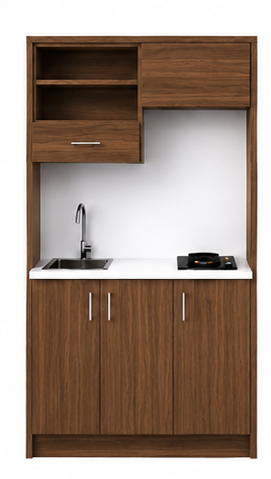 Intrahome Studio120Max08 Πολυκουζινάκι 111cm, ύψος 205cm, βάθος 50cm, καρυδι μοριοσανίδα 16mm, πάγκος 32mm, μικρή inox γούρνα αριστερά, εστία 2 ματιών δεξιά, σχέδιο Max. Intrahome-polikou2287645823