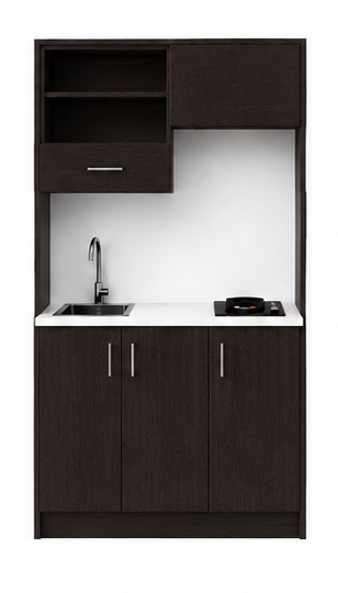 Intrahome Studio120Max08 Πολυκουζινάκι 111cm, ύψος 205cm, βάθος 50cm, wenge μοριοσανίδα 16mm, πάγκος 32mm, μικρή inox γούρνα αριστερά, εστία 2 ματιών δεξιά, σχέδιο Max. Intrahome-polikou3387645823