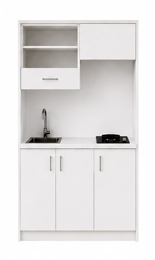 Intrahome Studio120Max08 Πολυκουζινάκι 120cm, ύψος 220cm, βάθος 50cm, λευκή μελαμίνη 16mm, πάγκος 32mm, μικρή inox γούρνα αριστερά, εστία 2 ματιών δεξιά, σχέδιο Max. Intrahome-polikou87645871