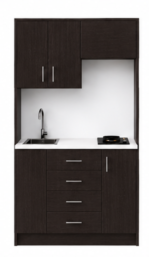 Intrahome Studio120Plus06 Πολυκουζινάκι 111cm, ύψος 205cm, βάθος 50cm, wenge μοριοσανίδα 16mm, πάγκος 32mm, μικρή inox γούρνα αριστερά, εστία 2 ματιών δεξιά, σχέδιο Plus. Intrahome-polikou3387645673