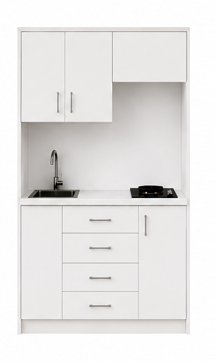 Intrahome Studio120Plus06 Πολυκουζινάκι 120cm, ύψος 220cm, βάθος 50cm, λευκή μελαμίνη 16mm, πάγκος 32mm, μικρή inox γούρνα αριστερά, εστία 2 ματιών δεξιά, σχέδιο Plus. Intrahome-polikou87645721