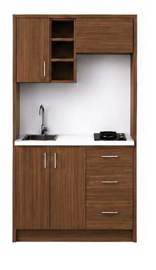 Intrahome Studio120Prime09 Πολυκουζινάκι 111cm, ύψος 205cm, βάθος 50cm, καρυδι μοριοσανίδα 16mm, πάγκος 32mm, μικρή inox γούρνα αριστερά, εστία 2 ματιών δεξιά, σχέδιο Prime. Intrahome-polikou2287645898