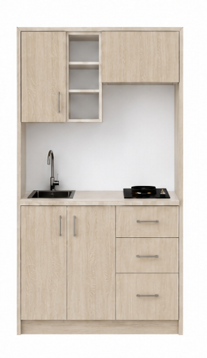 Intrahome Studio120Prime09 Πολυκουζινάκι 120cm, ύψος 220cm, βάθος 50cm, sonoma - δρυς μοριοσανίδα 16mm, πάγκος 32mm, μικρή inox γούρνα αριστερά, εστία 2 ματιών δεξιά, σχέδιο Prime. Intrahome-polikou6587645946