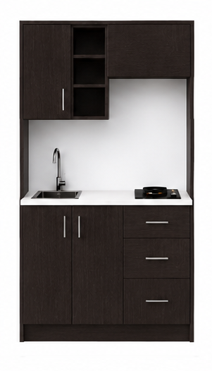 Intrahome Studio120Prime09 Πολυκουζινάκι 111cm, ύψος 205cm, βάθος 50cm, wenge μοριοσανίδα 16mm, πάγκος 32mm, μικρή inox γούρνα αριστερά, εστία 2 ματιών δεξιά, σχέδιο Prime. Intrahome-polikou3387645898