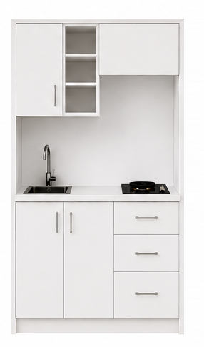 Intrahome Studio120Prime09 Πολυκουζινάκι 120cm, ύψος 220cm, βάθος 50cm, λευκή μελαμίνη 16mm, πάγκος 32mm, μικρή inox γούρνα αριστερά, εστία 2 ματιών δεξιά, σχέδιο Prime. Intrahome-polikou87645946