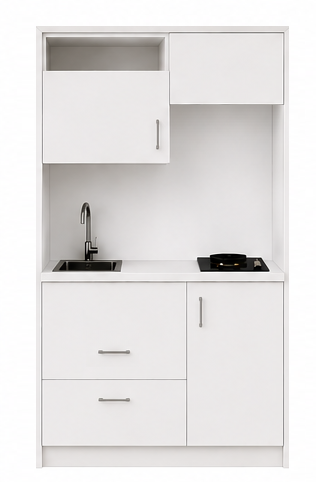 Intrahome Studio120Pro12 Πολυκουζινάκι 120cm, ύψος 220cm, βάθος 50cm, λευκή μελαμίνη 16mm, πάγκος 32mm, μικρή inox γούρνα αριστερά, εστία 2 ματιών δεξιά, σχέδιο Pro. Intrahome-polikou87646171