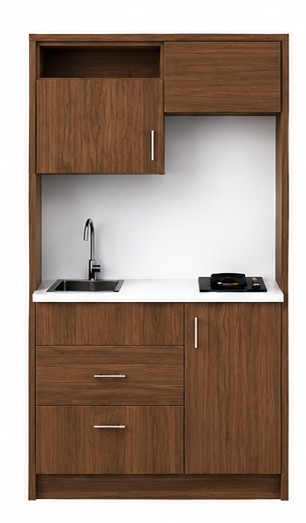 Intrahome Studio120Smart04 Πολυκουζινάκι 106cm, ύψος 220cm, βάθος 50cm, καρυδι μοριοσανίδα 16mm, πάγκος 32mm, μικρή inox γούρνα αριστερά, εστία 2 ματιών δεξιά, σχέδιο Smart. Intrahome-polikou2287645501