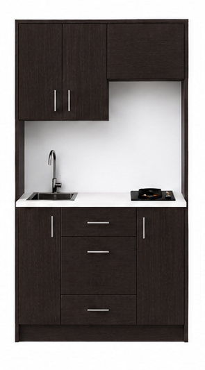 Intrahome Studio120Smart04 Πολυκουζινάκι 111cm, ύψος 205cm, βάθος 50cm, wenge μοριοσανίδα 16mm, πάγκος 32mm, μικρή inox γούρνα αριστερά, εστία 2 ματιών δεξιά, σχέδιο Smart. Intrahome-polikou3387645523