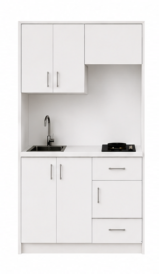 Intrahome Studio120Smart04 Πολυκουζινάκι 120cm, ύψος 220cm, βάθος 50cm, λευκή μελαμίνη 16mm, πάγκος 32mm, μικρή inox γούρνα αριστερά, εστία 2 ματιών δεξιά, σχέδιο Smart. Intrahome-polikou87645571