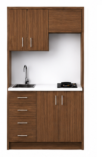 Intrahome Studio120Storage02 Πολυκουζινάκι 120cm, ύψος 220cm, βάθος 50cm, καρυδι μοριοσανίδα 16mm, πάγκος 32mm, μικρή inox γούρνα αριστερά, εστία 2 ματιών δεξιά, σχέδιο Storage. Intrahome-polikou2287645421