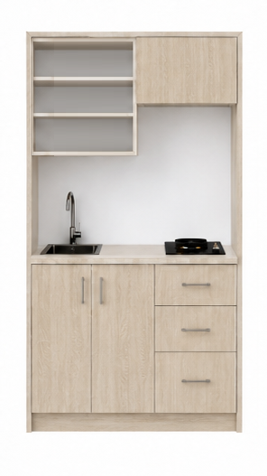 Intrahome Studio120Storage02 Πολυκουζινάκι 120cm, ύψος 220cm, βάθος 50cm, sonoma - δρυς μοριοσανίδα 16mm, πάγκος 32mm, μικρή inox γούρνα αριστερά, εστία 2 ματιών δεξιά, σχέδιο Storage. Intrahome-polikou6587645421