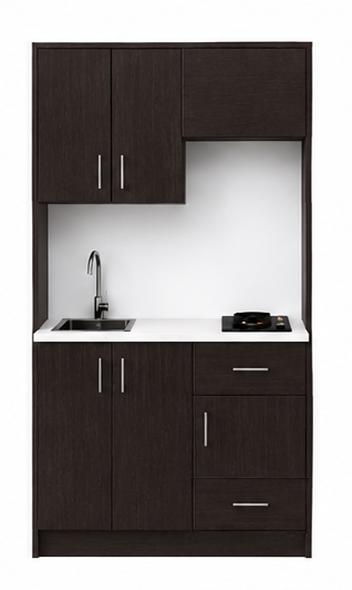 Intrahome Studio120Storage02 Πολυκουζινάκι 111cm, ύψος 205cm, βάθος 50cm, wenge μοριοσανίδα 16mm, πάγκος 32mm, μικρή inox γούρνα αριστερά, εστία 2 ματιών δεξιά, σχέδιο Storage. Intrahome-polikou3387645373