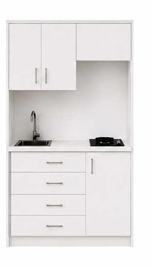 Intrahome Studio120Storage02 Πολυκουζινάκι 120cm, ύψος 220cm, βάθος 50cm, λευκή μελαμίνη 16mm, πάγκος 32mm, μικρή inox γούρνα αριστερά, εστία 2 ματιών δεξιά, σχέδιο Storage. Intrahome-polikou87645421