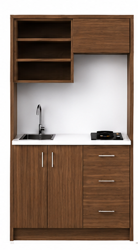 Intrahome Studio120Style13 Πολυκουζινάκι 111cm, ύψος 205cm, βάθος 50cm, καρυδι μοριοσανίδα 16mm, πάγκος 32mm, μικρή inox γούρνα αριστερά, εστία 2 ματιών δεξιά, σχέδιο Style. Intrahome-polikou2287646198