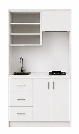 Intrahome Studio120Style13 Πολυκουζινάκι 120cm, ύψος 220cm, βάθος 50cm, λευκή μελαμίνη 16mm, πάγκος 32mm, μικρή inox γούρνα αριστερά, εστία 2 ματιών δεξιά, σχέδιο Style. Intrahome-polikou87646246