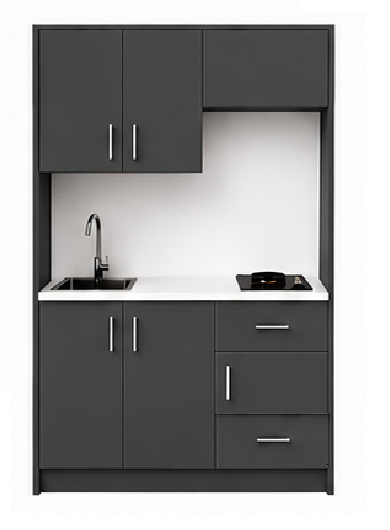 Intrahome Studio135Airbnb07 Πολυκουζινάκι 123cm, ύψος 220cm, βάθος 50cm, ανθρακί μοριοσανίδα 16mm, πάγκος 32mm, μικρή inox γούρνα αριστερά, εστία 2 ματιών δεξιά, σχέδιο Airbnb. Intrahome-polikou1287646711
