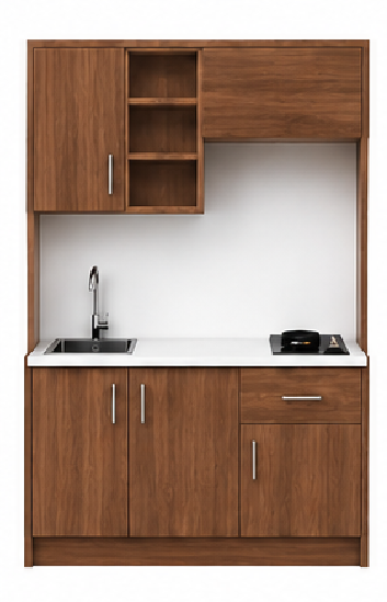 Intrahome Studio135Airbnb07 Πολυκουζινάκι 128cm, ύψος 205cm, βάθος 50cm, καρυδι μοριοσανίδα 16mm, πάγκος 32mm, μικρή inox γούρνα αριστερά, εστία 2 ματιών δεξιά, σχέδιο Airbnb. Intrahome-polikou2287646733