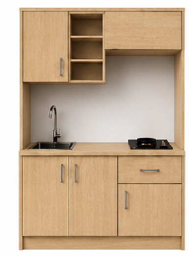 Intrahome Studio135Airbnb07 Πολυκουζινάκι 123cm, ύψος 220cm, βάθος 50cm, sonoma - δρυς μοριοσανίδα 16mm, πάγκος 32mm, μικρή inox γούρνα αριστερά, εστία 2 ματιών δεξιά, σχέδιο Airbnb. Intrahome-polikou6587646711