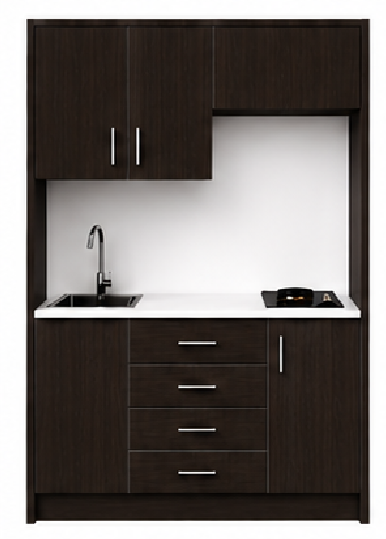 Intrahome Studio135Airbnb07 Πολυκουζινάκι 128cm, ύψος 205cm, βάθος 50cm, wenge μοριοσανίδα 16mm, πάγκος 32mm, μικρή inox γούρνα αριστερά, εστία 2 ματιών δεξιά, σχέδιο Airbnb. Intrahome-polikou3387646733